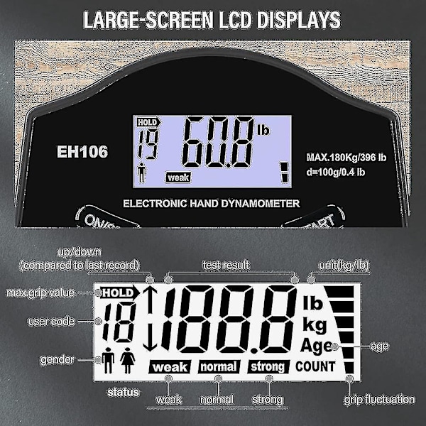 Kahvan puristusvoiman testaaja, 396lbs/180kg Digitaalinen käsi dynamometri Kahvan puristusvoiman mittari USB LCD-näyttö Käsi