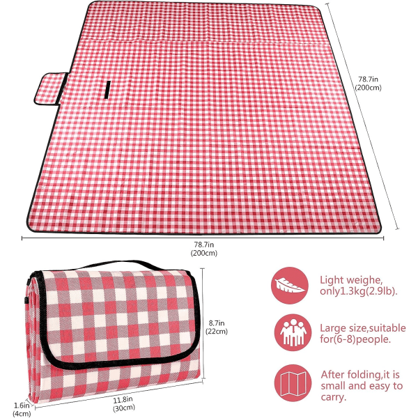 Punainen Piknikviltti Vedenkestävä Rantamatto 200×200cm, Kevyt ja