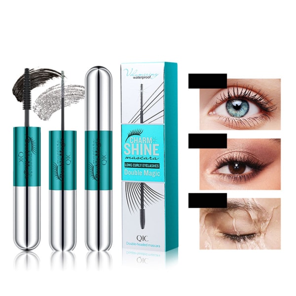 2 i 1 Mascara Diamant Glitter Vippemascara Sort 4D Silkefiber Vippemascara Vanddråbe Makeup Glitter Top Coat Mascara
