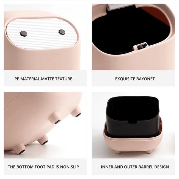 Mini-skrivbordspapperskorg med trycklock, dubbelhylsdesign, kompakt PP-avfallsbehållare för kontor, sovrum och studentrum, rosa