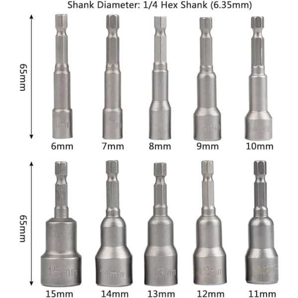 10 st Magnetiska Hylsnycklar Hexbits 6-15mm Slagskruvdragare Magnetisk Hylsnyckel Hexbits Set 1/4 Magnetisk Hylsnyckel Hexbits Adapter Verktyg