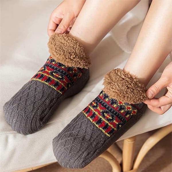 Toffelsockor för herrar med halkskydd, tjocka vinterstrumpor med fleecefoder, mjuka stickade varma innesockor för hemmet, grå