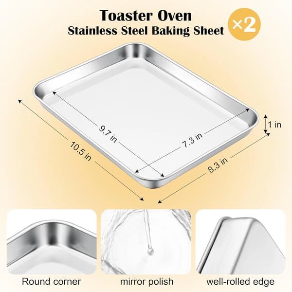 Stekeovnsbrett i rustfritt stål, 2-pakning små giftfrie bakeplater for kakebaking, tåler oppvaskmaskin 10.5"x8.3"