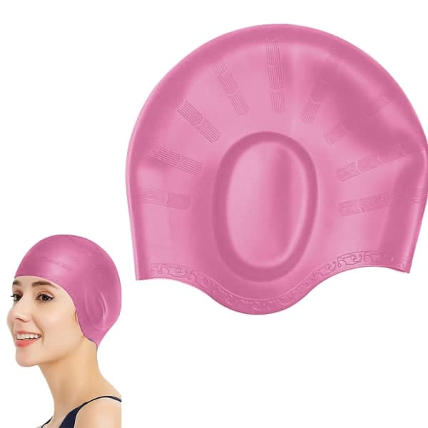 Badehette for kvinner og menn med medium eller store hoder - perfekt for voksne, eldre barn, gutter og jenter - gratis neseklype - rosa