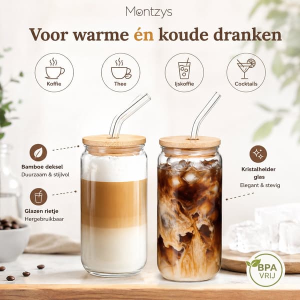 Montzys Glasmuggar med bambulock och sugrör, 473 ml (16oz) set om 2 för iskaffe, te och cocktails