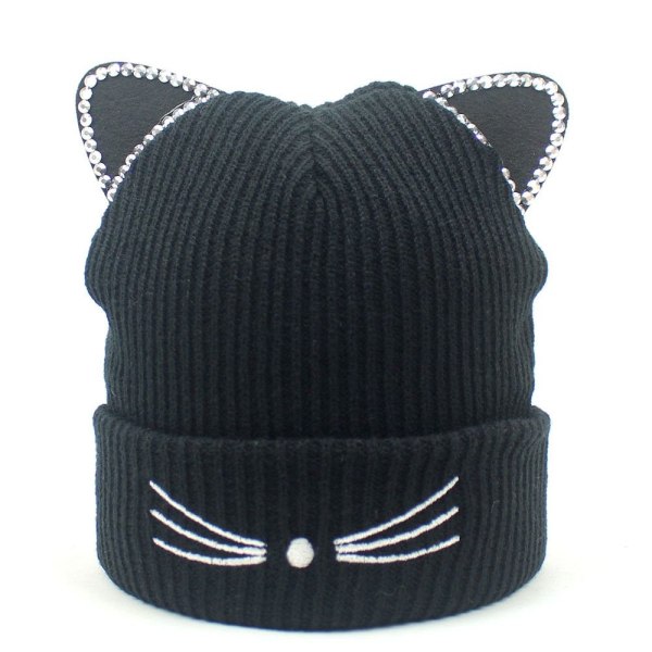 Strikket Katte Skullies Hue Varmt Kvinde Cap SORT sort