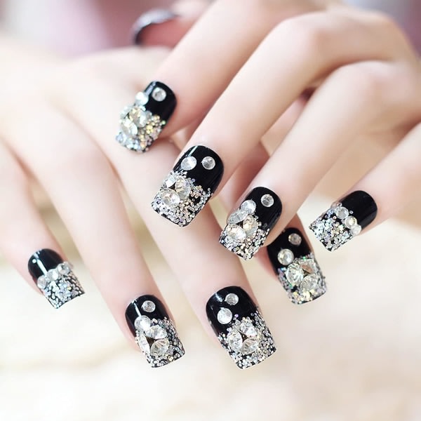 TG Lange Mandelpress på negler: 24 stk Flash Diamond Crystal Lange glansig kiste Flash Fake Nails Press On Nagellim Falske Tips Manikyr for kvinner og
