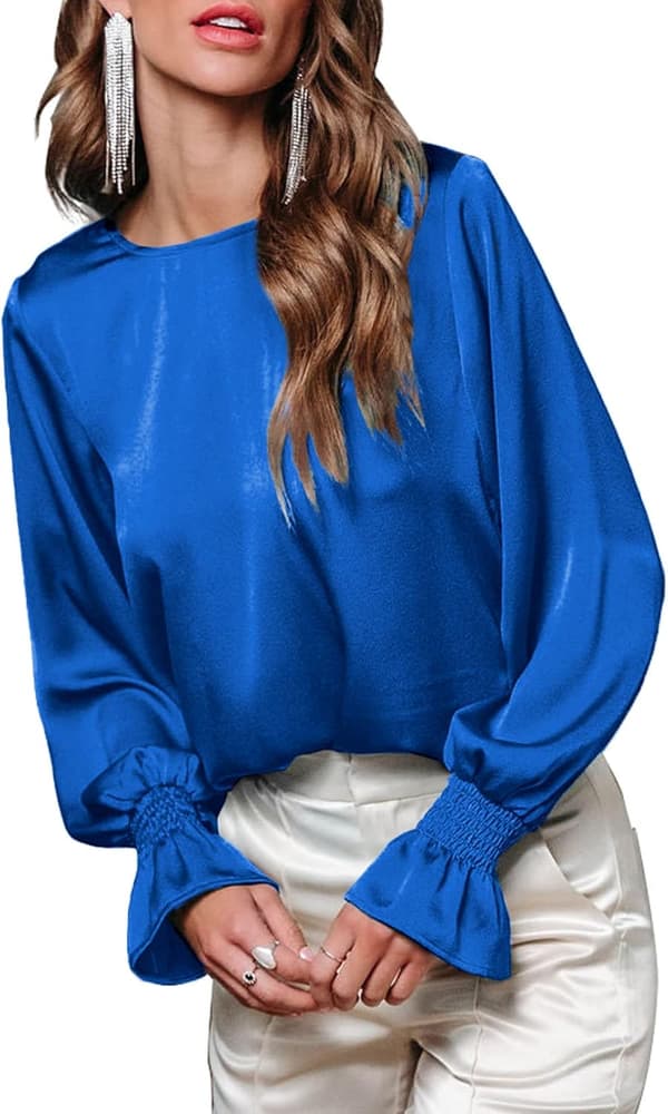 HAUFR Damebluser Pæne Afslappede Rundhals Flæse Boble Langærmede Skjorter Ensfarvede Satinbluser Medium Blue_yu Medium Blue Blue