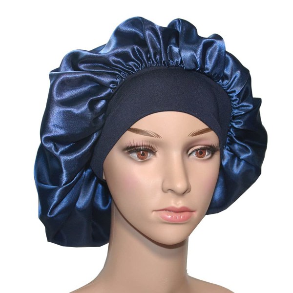 Satin-hårhuv för sovduschmössor Silkekemo-kepsar med brett elastiskt band Cap för svarta damflätor (marinblå)