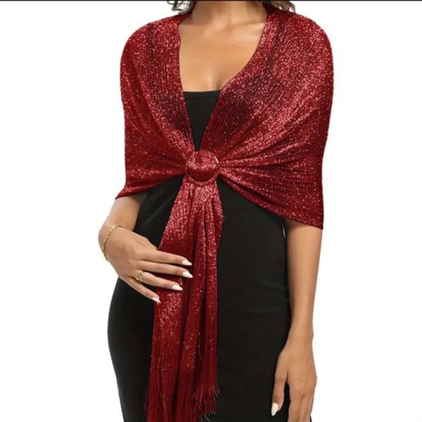 Dame metallic tørklæde, glitrende polyester wrap med kvastfrynser og klips til bryllupper, fester, strandture, bordeauxrød