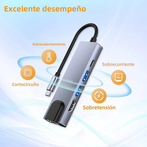 5-in-1 USB C 4K HDMI -sovitin 100 W PD USB 3.0 & 2.0 Ethernet-portilla MacBook Pro Chromebook XPS:lle ja USB C -laitteille 5 in 1  100Mbps