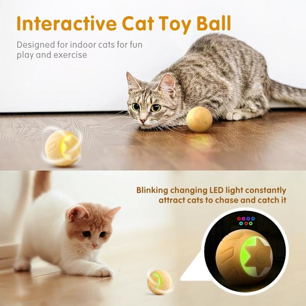 Interactive Cat Toy Ball, Automatic Rolling Cat Toys for Indoor Cat Kitten, with 2 Modes, LED Lights Replaceable, Rechargeable, Yellow
