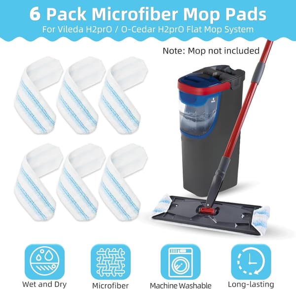 6-delt erstatningsmoppeputer egnet for Cedar H2prO moppesystem, egnet for Vileda H2PrO flatmopp refillsett - moppehode erstatning