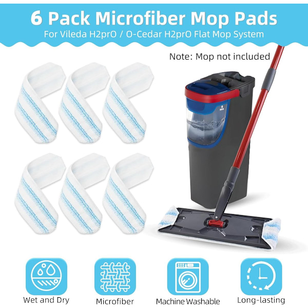 6-pack Ersättningsmoppdynor Passar Cedar H2prO Moppsystem, Passar Vileda H2PrO Plattmopp Refill Kit - Mopphuvud Ersättning