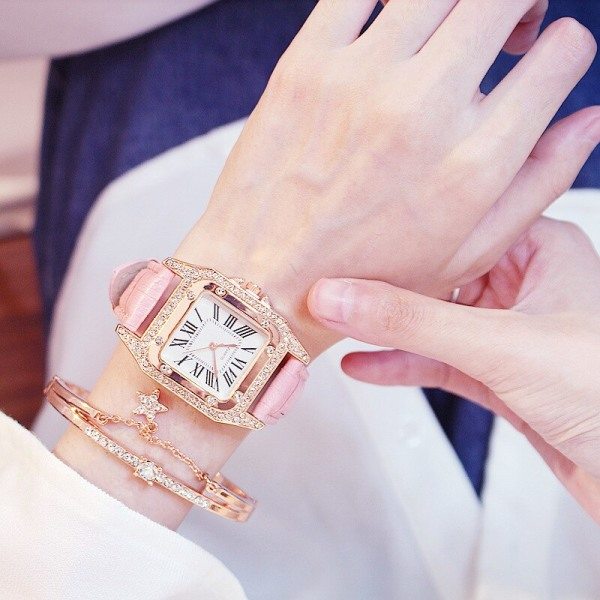 Ur med læderrem Quartz Starry Square Urtavle Dame Sæt (rosa)