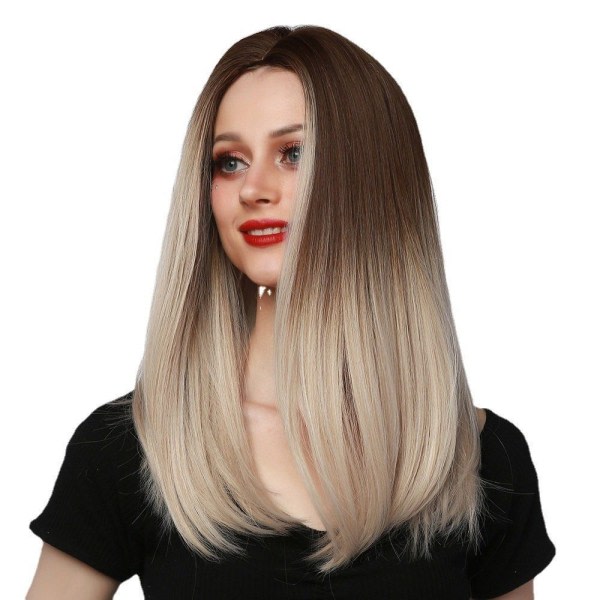 TG Peruk Damperuk Lång Rak Syntetisk Peruk Full Bangs Andas Gul