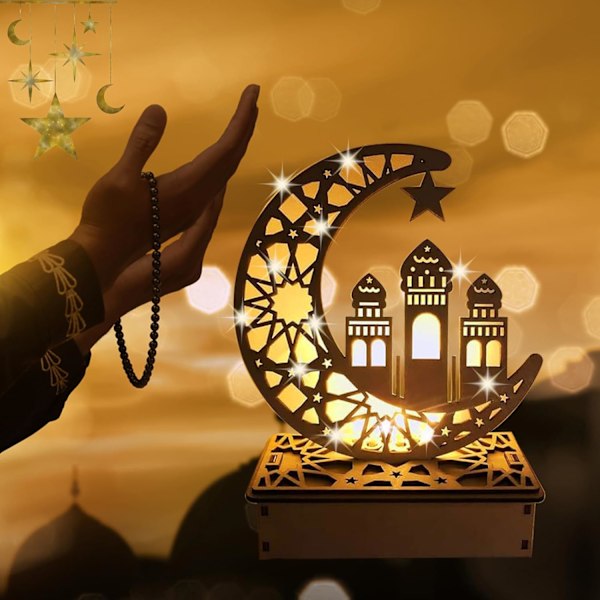 Wooden Ramadan Lantern, LED Lamp with Moon & Star for Eid Mubarak Decoration