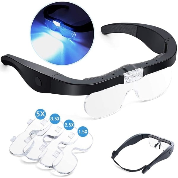 Pääsuurennuslasi 2 LED-valolla, handsfree USB-ladattava LED