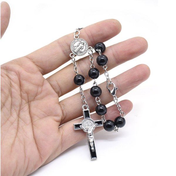 Chic sort glaspärlor Rosenkransarmbånd til kors Rosenkransarmbånd katolicisme Bön Religiösa smycken for dagligt brug