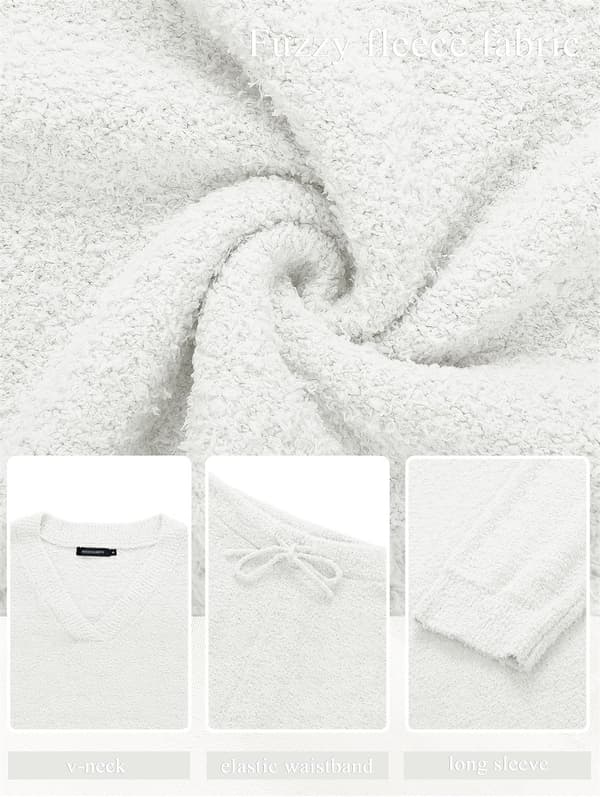 Dame 2-delt klesett, Fuzzy ullpyjamas sett lange ermer, Hvit S