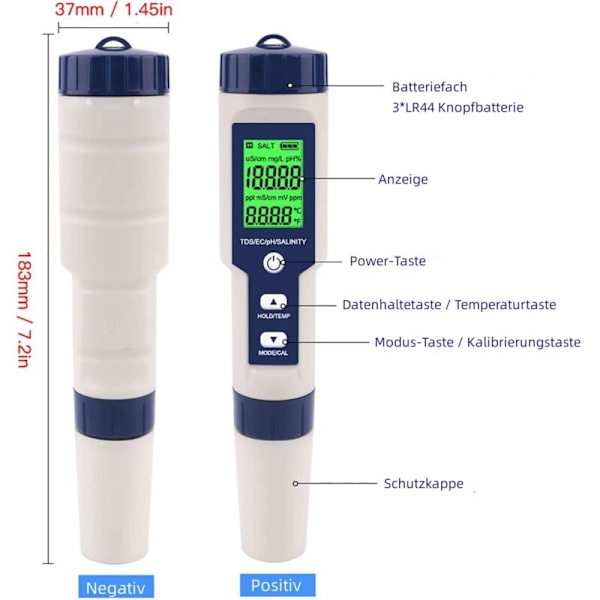 PH-mittari, 5 in 1 PH/TDS/EC/Suolapitoisuus/Lämpötila-mittari, Vedenlaadun valvontatesteri uima-altaille, vesiviljelyyn, juomavedelle, akvaarioille
