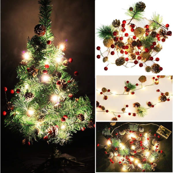 Joulukuusen kävyt valosarja Garland valot 6.5FT 20LED, Garland Wreath LED Fairy Lights punaisella marjalla kello joulukoristeeksi puujuhlan koristeluun