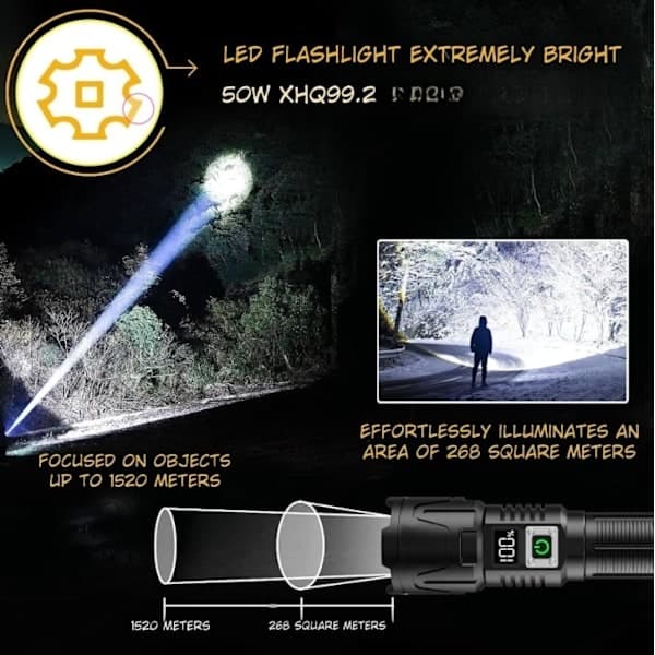 LED Flashlight A09 set – 6000 Lumen, 50W, Rechargeable & Tactical & COB survival Black