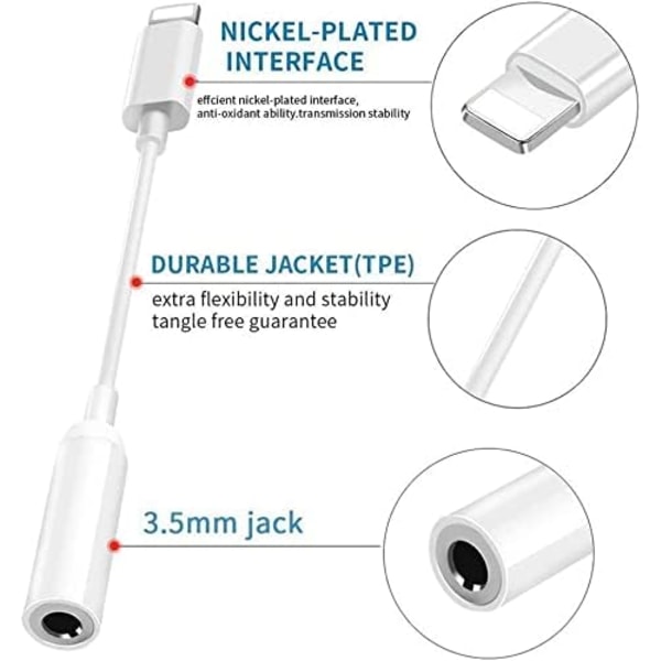 Lyn til 3,5 mm hodetelefonkontakt Adapter, til 3,5 mm Audio Aux Jack Adapter Dongle Kabelkonverter Kompatibel med iPhone