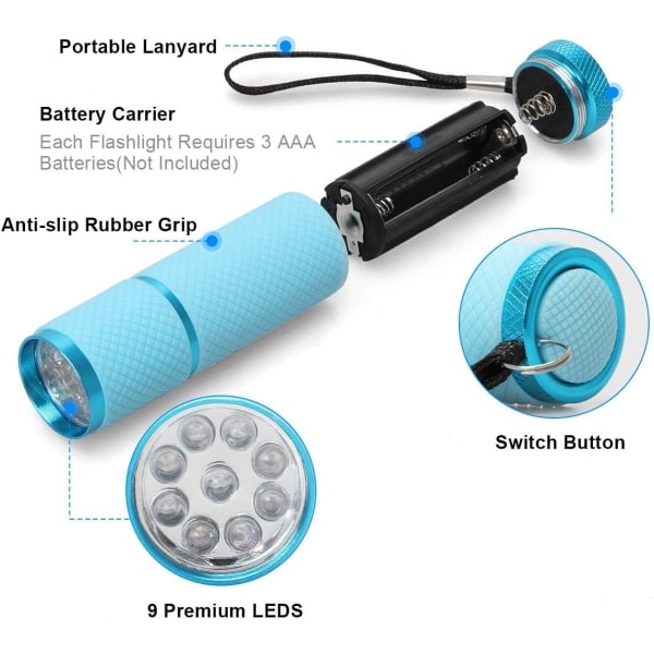 9 LED-lommelykter som lyser i mørket, 4-pakning små gummibelagte F
