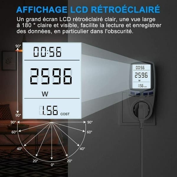 Wattmeter Socket - Energimåler A185V 264V - LCD-skjerm, av DEBUNS