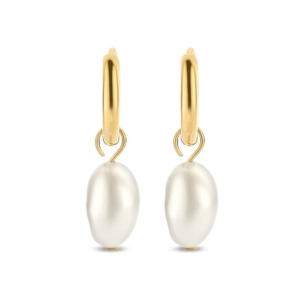CO88 Collection Pearl Huggie Hoop Øreringe til Kvinder, 11 mm Guld Rustfrit Stål Hoops med Hvid Perle Charm, Hypoallergen Gave til Hende