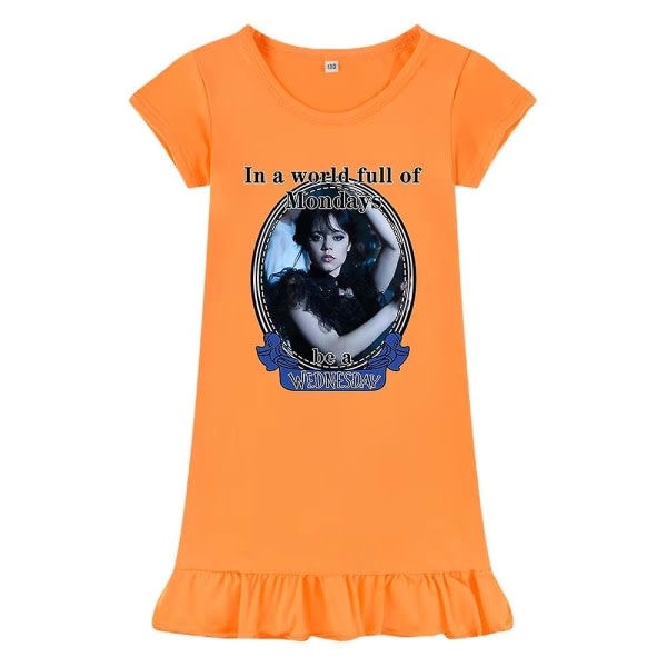 Barn Barn Flickor Onsdag Addams Trykt Addams Familjetema Sovklänning Kortärmad sommar Crew Neck Lös orange 150