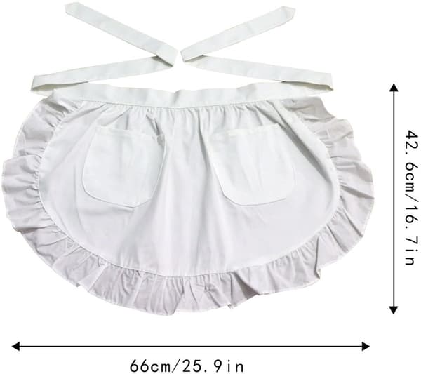 Køkkenforklæde - Blonde Halvforklæde med Dobbeltlomme, Flæser, Justerbart - til Restaurant & Fester - 66*42.6cm - Hvid