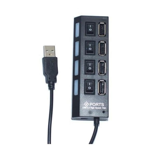 4 Ports USB Hub 2.0 Højhastighed Hub On/Off Switch med LED-lampe Sort