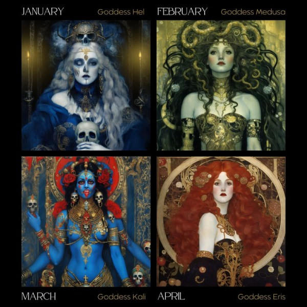 Dark Goddess 2024 Kalender, perfekt gotisk inredningsgåva till dina hedniska vänner och älskare av grekisk mytologi, julklapp 40x20