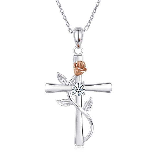 Halsband Dam Cross Rose Hänge Runt Cubic Zirconia Faith Hope Love Rose Flower Halsband Dam Present vit