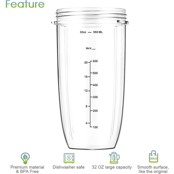 Passar Nutribullet Blenderkopp och Bladbytesats - Inkluderar Stor 32oz (946.4ml) Kopp - 1 Uppfällbart Bärlock - 1 Premium Extraktorblad