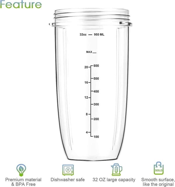 Passer til Nutribullet Blenderkopp og Bladerstatningssett - Inkluderer Stor 32oz (946,4ml) Kopp - 1 Oppfellbart Bærelokk - 1 Premium Ekstraktorblad