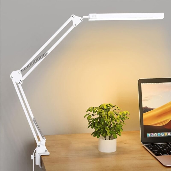 LED Skrivebordslampe - Kraftig LED Skrivebordslampe med Klemme - Øyebeskyttende LED Skrivebordslampe - 3 Lysmoduser x 10 Lysstyrkenivåer - Hvit [Energiklasse F]