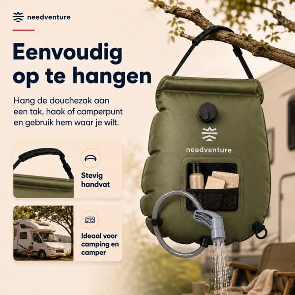 needventure Solarduschpåse 20L med termometer och duschmunstycke, bärbar campingdusch för utomhusbruk, strand, trädgård och vandring, grön
