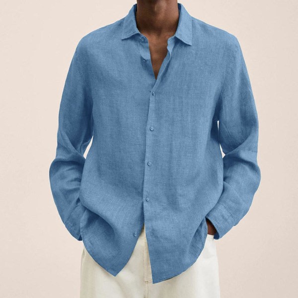 Långärmad herrskjorta i bomullslinne Casual Solid Baggy Tops med knäppning Lake Blue XL