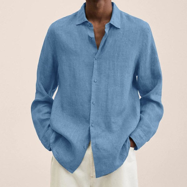 Langærmet Herreskjorte i Bomuldslinned Casual Solid Baggy Tops med Knapper Lake Blue XL