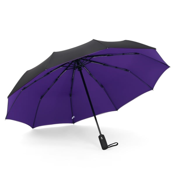 Fällbart paraply, 10 ribbor, finder reseparaply med belægning, automatisk öppning og stængning for män kvinder Lila Purple