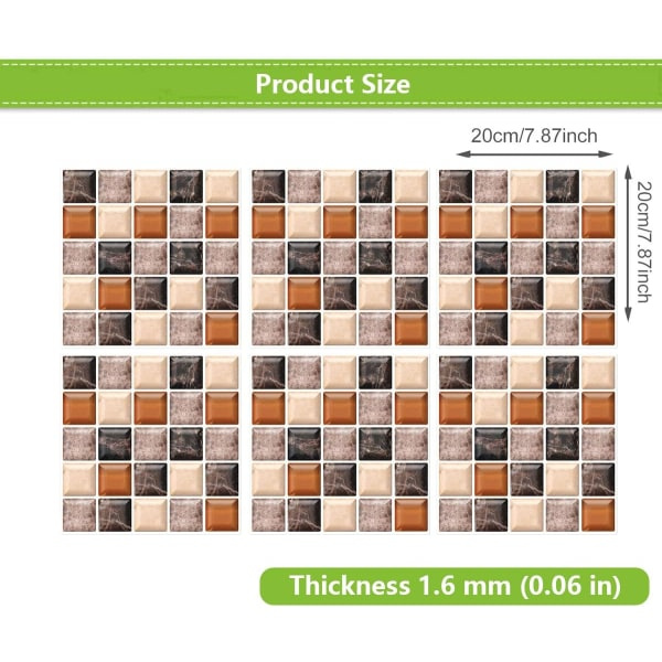 12 stykker 20x20cm (kaffegrå mosaik) Fliserklistermærker Selvklæbende