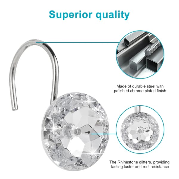 12 stk. dusjforhengkroker Akryl Krystall Diamant Dekorative Rustfrie Ringer for Baderomsstenger Hvit