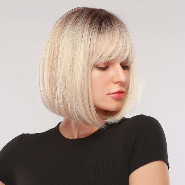 TG Natural Short Bob Raka Peruker för Dam Blonda peruker med lugg guld