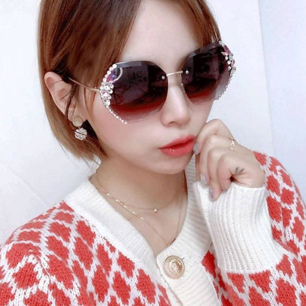 Vintage Rimless Rhinestone Aurinkolasit Naiset 2023 Luksusmerkki Harmaa Yksi Koko