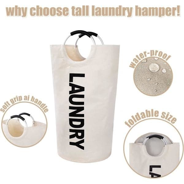 Laundry basket with padded handles, waterproof laundry hamper foldable, laundry basket for bathroom, laundry room, dorm white white white white