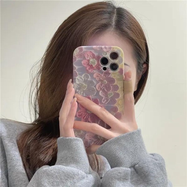 iPhone 14 Pro Mobilcover Retro Blomstermaleri i Pink - Stilfuldt Design til Elegant Beskyttelse Pink Pink one size