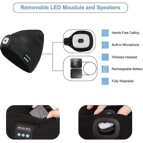 Bluetooth hue med lampe, musikalsk strikket hue (sort)